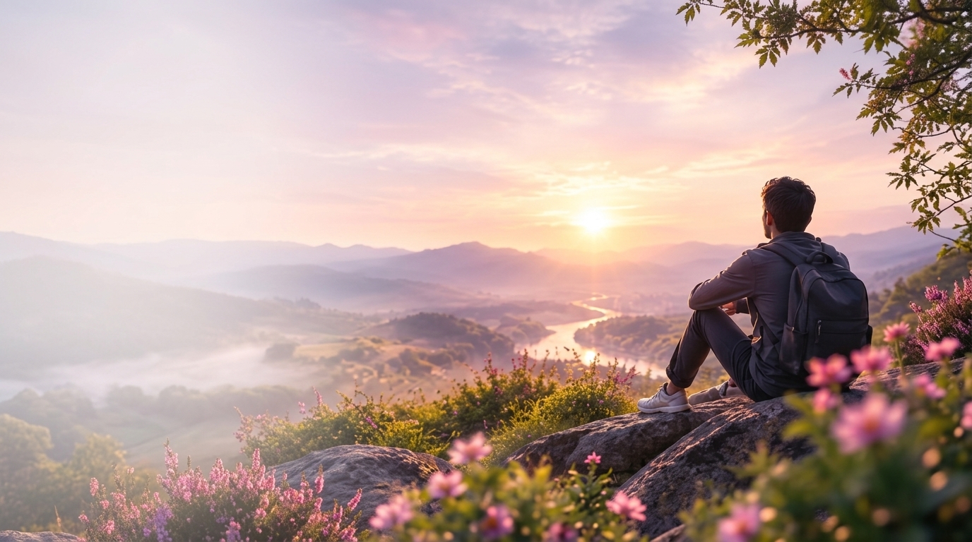 Serene sunrise over mist-covered mountains with a blossoming tree and a person enjoying freedom